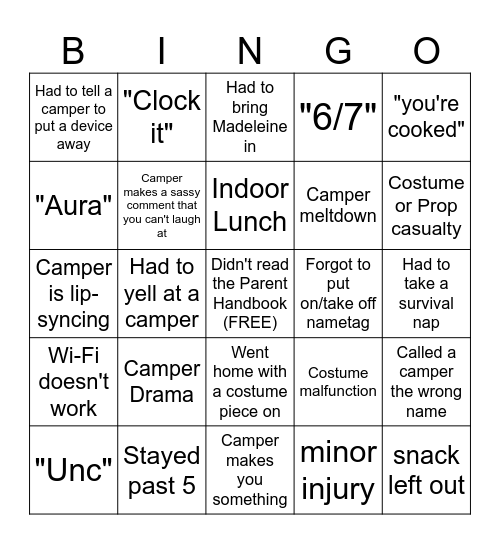 COC Summer Music Camps 2.0 Bingo Card