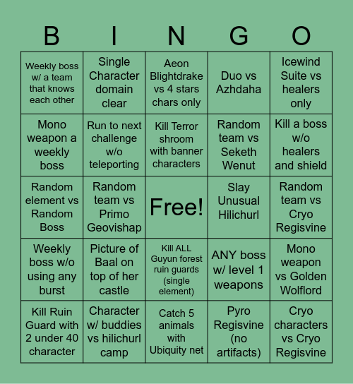 Genshin Bingo Card