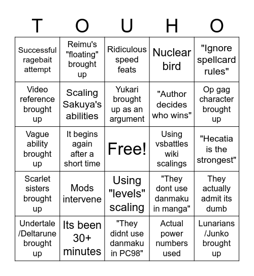 Touhou powerscaling bullshittery Bingo Card