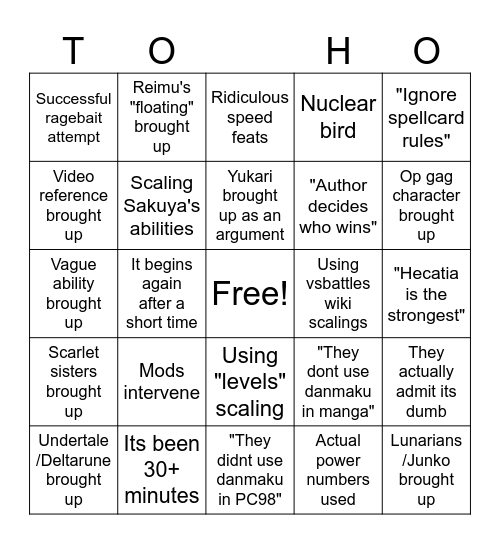 Touhou powerscaling bullshittery Bingo Card