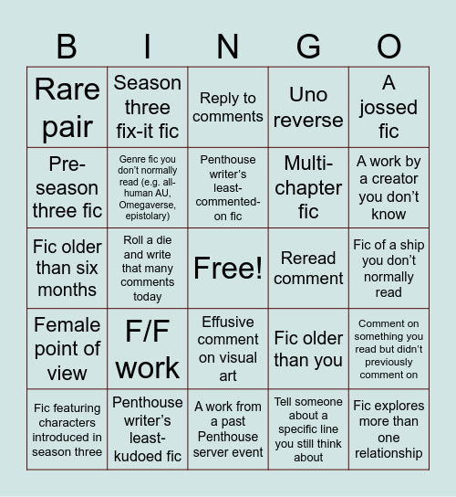 Penthouse Comment Bingo: The Sequel Bingo Card