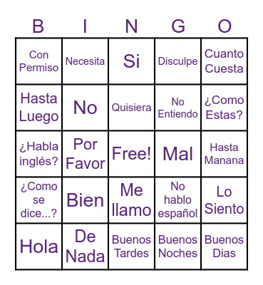 Spanish Phrases Bingo Card