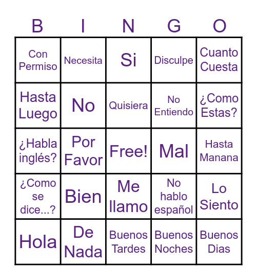 Spanish Phrases Bingo Card