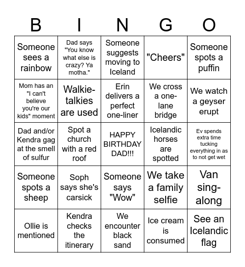 Iceland Bingo Card
