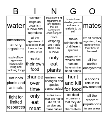 Topic 5 and 6: Evolution and Ecology Bingo Card