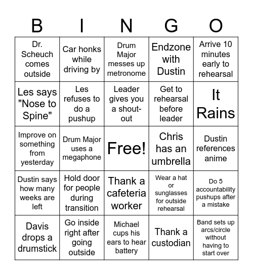 Band Camp Bingo Card