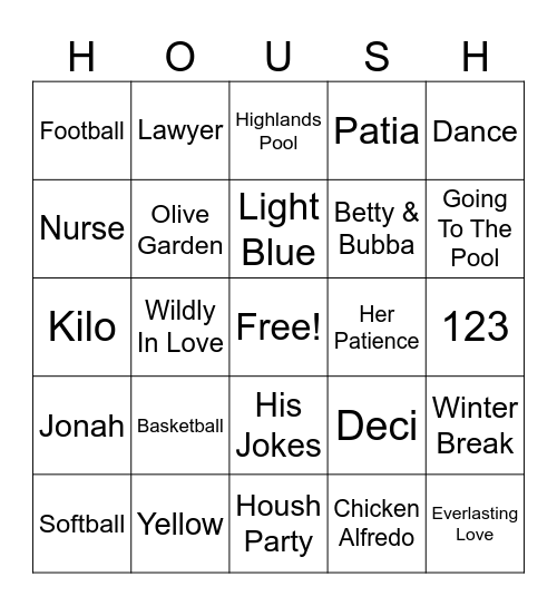 Housh Wedding Bingo Card