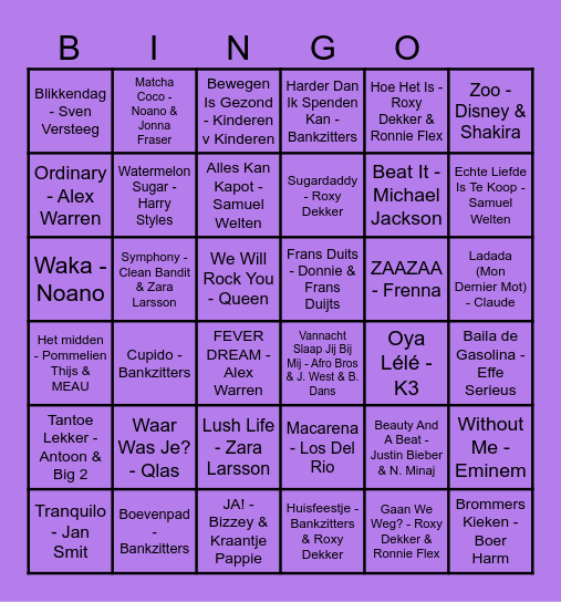 Muziekbingo schaatskamp 2026 Bingo Card