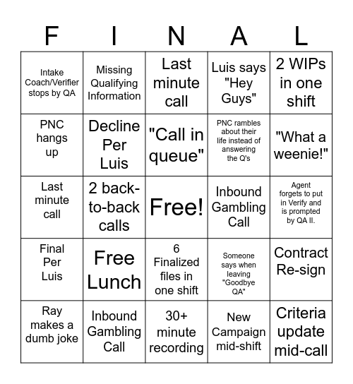 QA Bingo Card