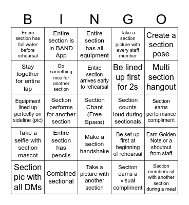 Band Camp Section Bingo Week 1 Bingo Card