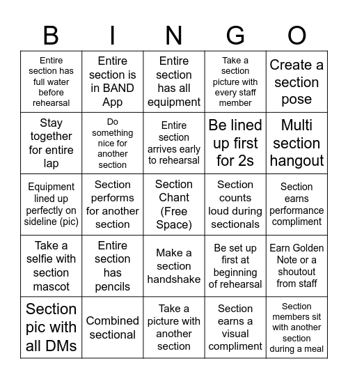 Band Camp Section Bingo Week 1 Bingo Card