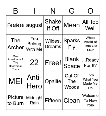 Taylor Swift Song BINGO Card