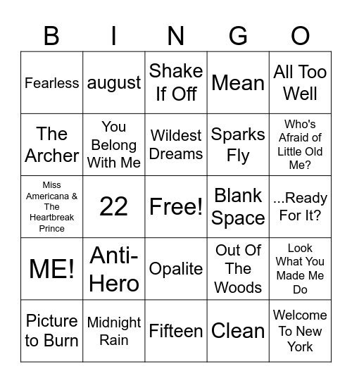 Taylor Swift Song BINGO Card