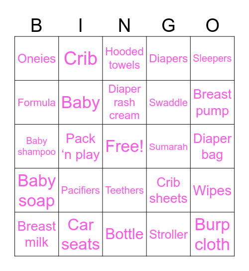 Baby shower Bingo Card