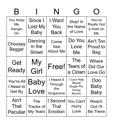 1960s Motown Bingo Card