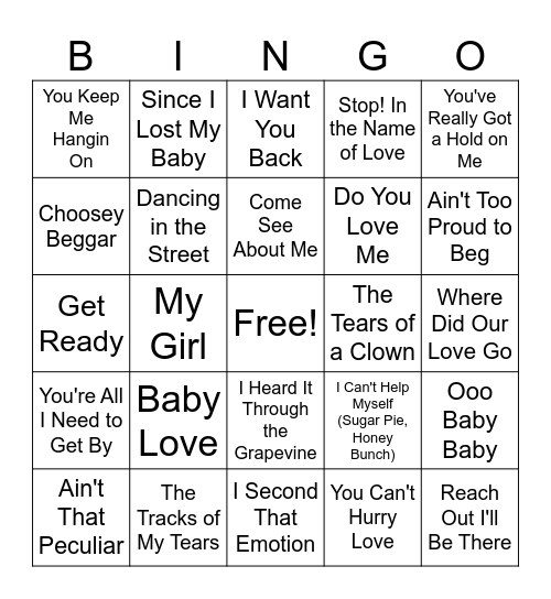 1960s Motown Bingo Card