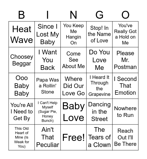 1960s Motown Bingo Card