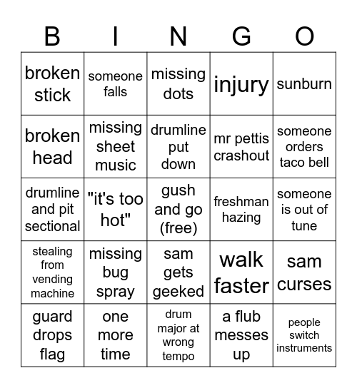 drumline band camp bingo Card