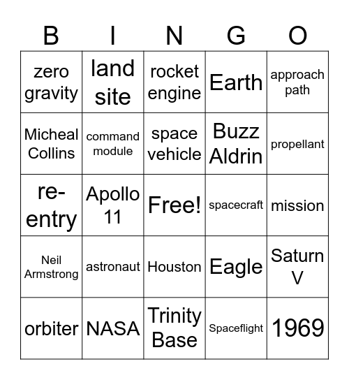 Apollo 11 Bingo Card