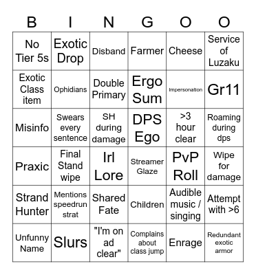 Flame's LFG Bingo Card