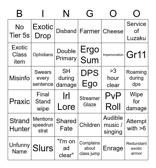 Flame's LFG Bingo Card