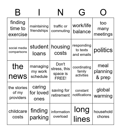 Stressors Bingo Card