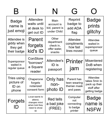 FurryCon Registration Department Bingo Card
