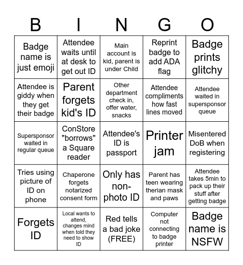 FurryCon Registration Department Bingo Card