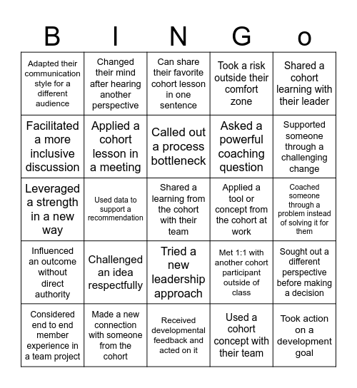 Leader Cohort Bingo Card