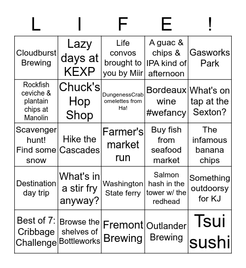 The Game of Life Bingo Card