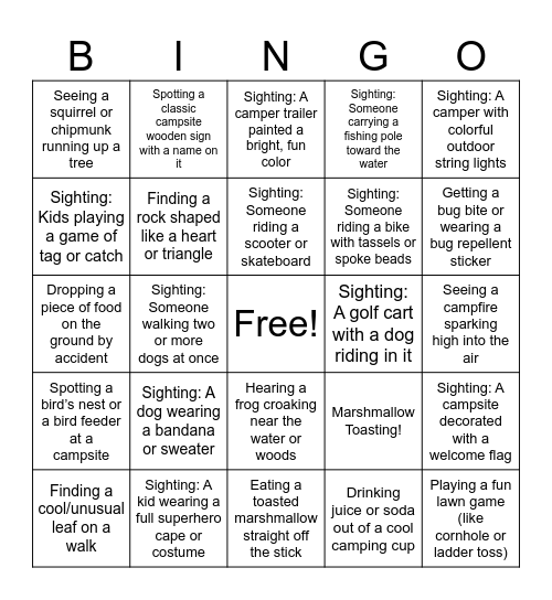 Kids Camping Bingo Card