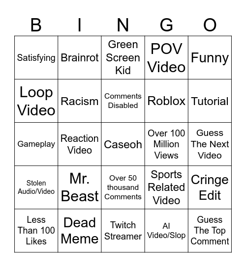 YT Shorts Bingo Card