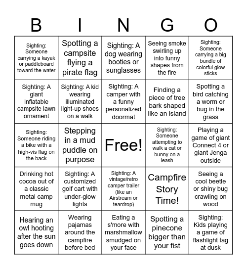 Kids Camping Bingo Card