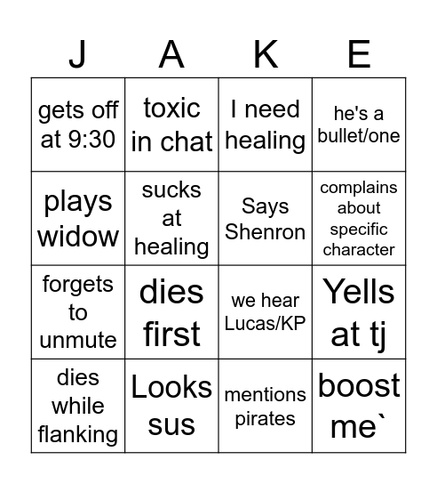 Playing with Jacob Bingo Card