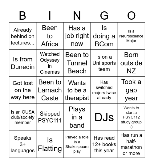 PSYC112 BINGO Card