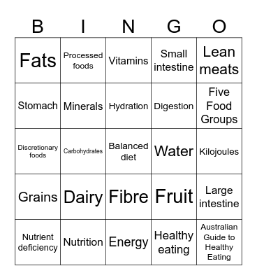 Nutrition Bingo Card