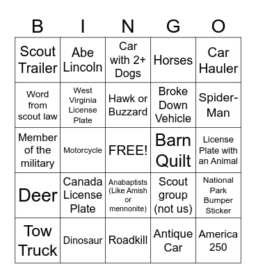 Boy Scout Road Trip Bingo Card