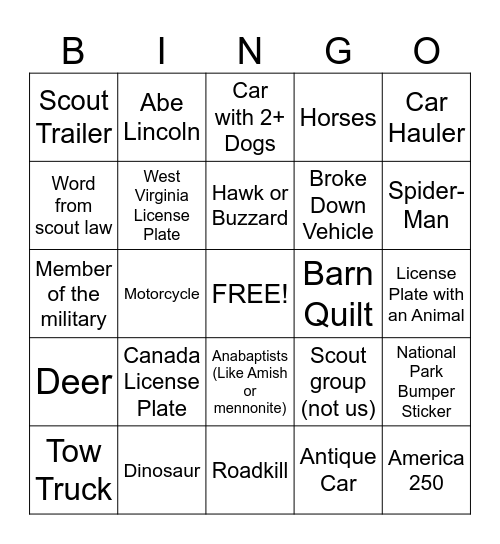 Boy Scout Road Trip Bingo Card