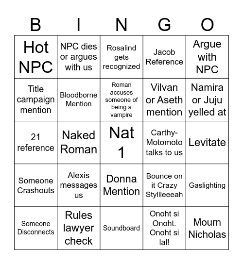 dungeons and bungo Bingo Card