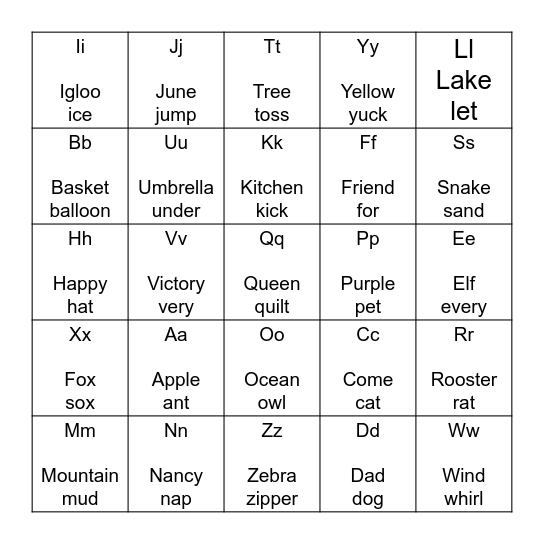 letters Bingo Card