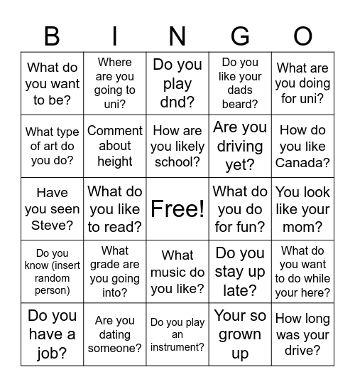 What my family will say Bingo Card