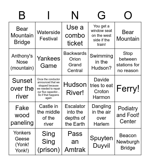 The Metro North to Beacon Bingo Card