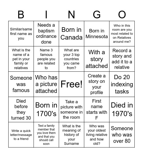 Family Tree Bingo Card