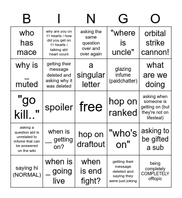 fume lifesteal chatter Bingo Card