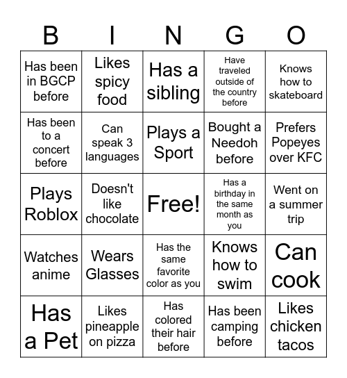 Class BINGO Card