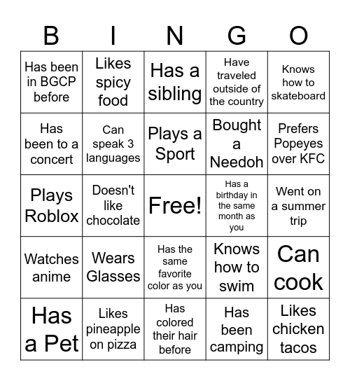 Class BINGO Card