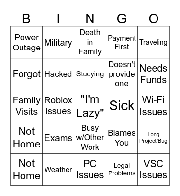 Dev Excuses: Velarium Edition Bingo Card
