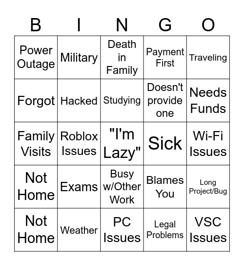 Dev Excuses: Velarium Edition Bingo Card
