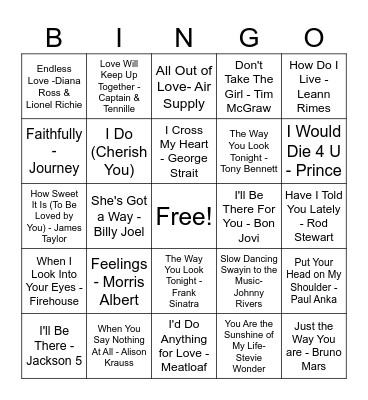 CRAZY K'S MUSIC BINGO TONY'S LOVE SONGS Bingo Card