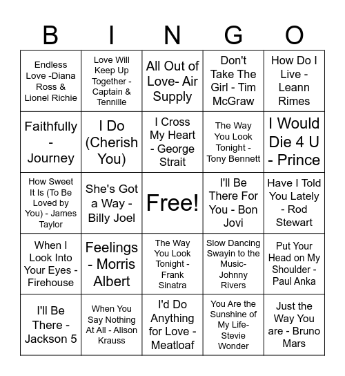 CRAZY K'S MUSIC BINGO TONY'S LOVE SONGS Bingo Card
